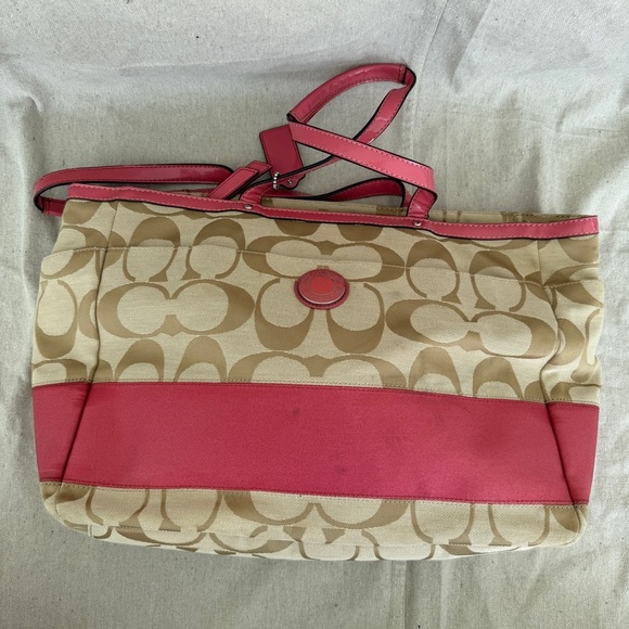 Coach Signature Khaki Canvas & Pink Leather Large Diaper Bag  Tote F19202 - Picture 2 of 16